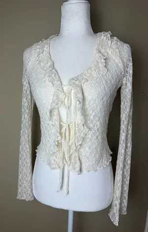 Thirty/Thirty LA Sheer Cream Lace Tie Front Ruffle Top Size XS thumbnail 1