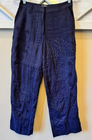 Zara Womans Wide Leg Pants Eyelet Embroidered Size XS Navy‎ Blue Boho Cotton thumbnail 1