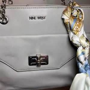 Nine West Light Gray Faux Leather Tote‎ Bag with Scarf Accent thumbnail 4