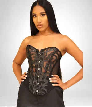 Black ornate leatherette design vintage steam punk style corset with mesh back thumbnail 2