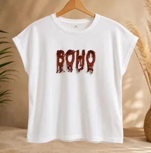 TopMark White "BOHO" Graphic Cap-Sleeve T-Shirt (Size L) thumbnail 1