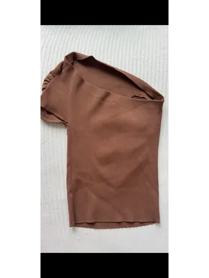 Zara Ribbed One Shoulder Knit Top Brown Ruched Stretch Short Sleeve Size S thumbnail 4