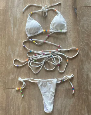 White bead halter waist tie up ribbed white bikini top bottom swimsuit set XS NEW thumbnail 1
