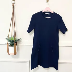 Zara Knit Navy Blue Mini Dress with Gold Buttons L 90s Minimalist Quiet Luxury thumbnail 3