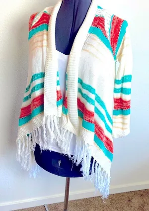 SAY WHAT? Bohemian Tribal Pattern Open Cardigan Sweater White, Large NWT thumbnail 1