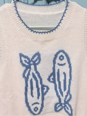 White & Blue Fish Knit Sleeveless Vest - Casual Summer Layer EUC - worn once thumbnail 6