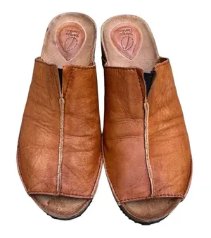 Sergio Tomani Cognac Brown Leather Wedge Mules Shoes Handmade EU 39 US 8.5 Clogs thumbnail 1