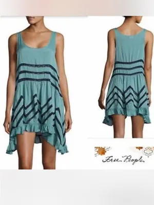 Free People Trapeze Tank Dress Size XS Teal & Navy Beachy Boho Retro Summer thumbnail 4