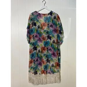 Floral Kimono Cover-Up With Fringe Hem & Tie Closure Multiple Colors M/L thumbnail 5