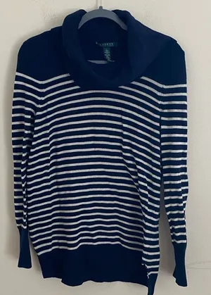 Women's LRL Lauren Ralph‎ Lauren Blue White Stripe Funnel Neck Sweater Sz Large thumbnail 1