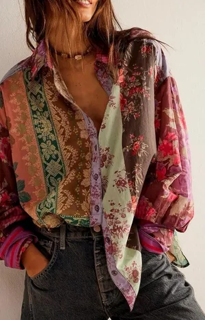 Free People Bohemian Patchwork Flower Patch Top Berry Combo Oversized Small Fall thumbnail 1