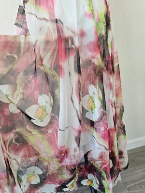 NWT Watercolor Floral Lotus Chiffon Maxi Skirt Size S Pink Green Sheer Layered thumbnail 2