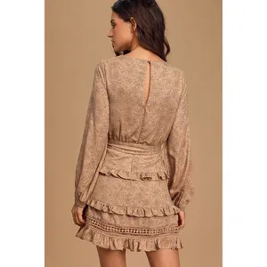 Lulu’s Kiss Me Goodnight Tan Polka Dot Ruffled Long Sleeve Mini Dress thumbnail 3