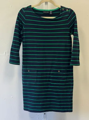 Adrienne Vittadini Navy Green Striped Shift Dress 3/4 Sleeve Pockets XS Casual thumbnail 1