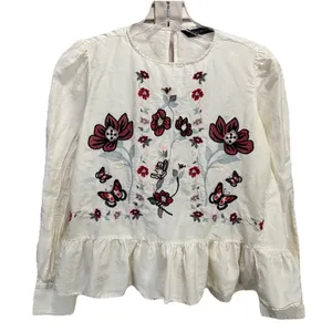 Zara Woman Ivory Embroidered‎ Floral Long Sleeve Keyhole Ruffle Blouse Size XS thumbnail 1
