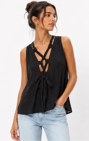 Free People Lace Up Sleeveless Boho Whimsygoth Luxury Swing Tank Top Black Large thumbnail 1