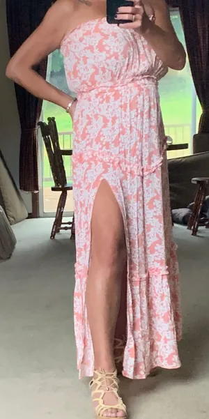 Simplee Salmon And White Full Length Strapless Sundress thumbnail 4