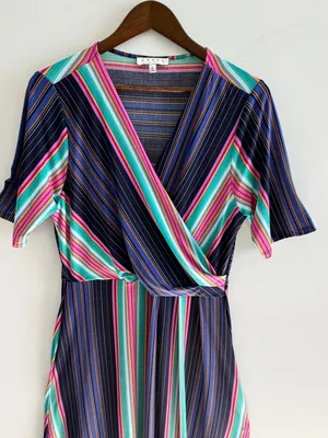 Chaus Women Striped Faux Wrap Midi Dress Large Multi Color Retro Preppy Top thumbnail 6