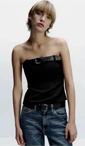 Zara Black Tailored Crop Top with Wide Buckle Belt thumbnail 1