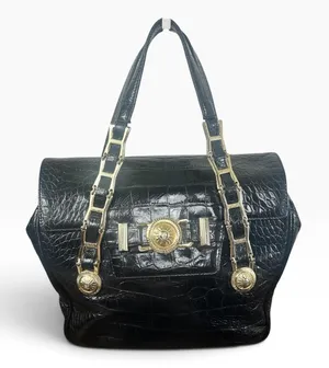 Gianni Versace Vintage Satchel Bag Womens Medium Black Crocodile Leather Gold thumbnail 1