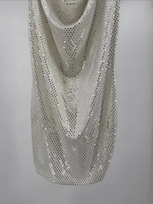 Lipstick Silver Sequin White Sleeveless banded Top ring detail L draped neck Y2K thumbnail 11