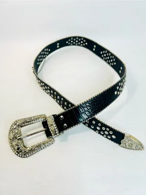 Western Black Leather Belt with Crystal Studded Rhinestones, Engraved Buckke thumbnail 9