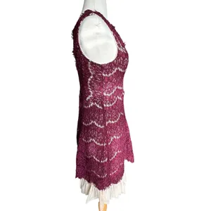 Trixxi Burgundy Lace Fit Flare Mini Dress XL V-Neck Eyelash‎ Lace Tulle Hem thumbnail 5