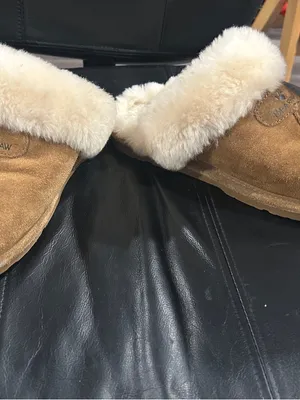 BearPaw Chestnut Suede Shearling Clog Slippers with Cream Cuff please see stain thumbnail 6