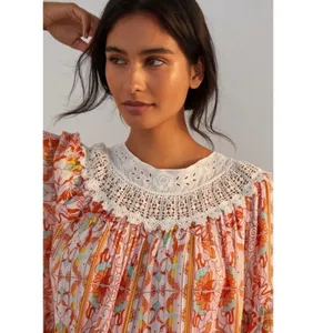 Anthropologie Lounge Dress Florence Floral Lace XS Boho Tiered Puff Sleeve thumbnail 3