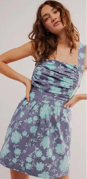 FREE PEOPLE Meet Me In Maui Printed Mini Dress in Ocean Combo Blue Size XL thumbnail 1