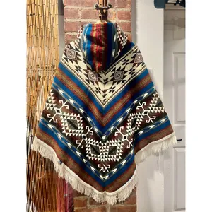 Southwestern Geometric Hooded Blanket Poncho Fringe Cape Boho Western S/M thumbnail 4