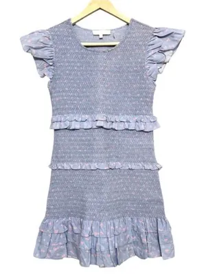 LoveShackFancy Aveline Smocked Baby Blue Ruffled Tiered Mini Dress M thumbnail 1