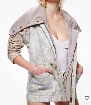 Free People embroidered sleeve Tie Dye layered denim parka jacket M thumbnail 1