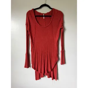 Free People Drippy Ventura Top Women XS Rust Waffle Knit Thermal Boho Red Orange thumbnail 4