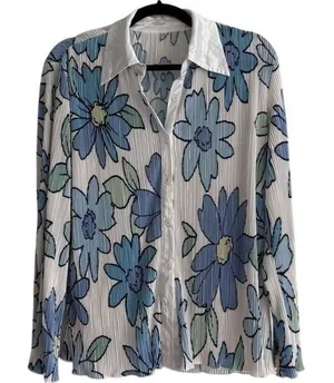Peppermayo Blue Floral Plisse Button Down Shirt Size US 2 Long‎ Sleeve Pleated thumbnail 1