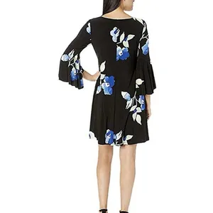 NWT‎ Ralph Lauren Blue Floral Black 3/4 Bell Sleeve Stretch Dress Size 8 thumbnail 3