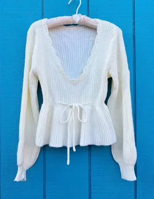 Scallop Ruffle V-Neck Peplum Ribbed Knit Sweater Balloon Sleeve Drawstring Waist thumbnail 1