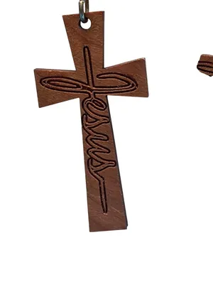 Wood Gold Tone Dangle Cross Earrings Brown Jesus Carved Hooks 2.75" Christian thumbnail 2