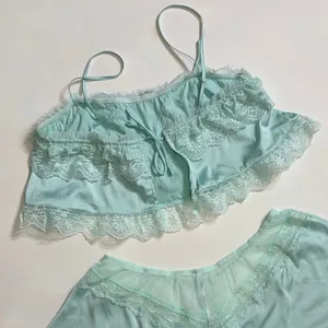 ANTHROPOLOGIE Two Piece Set Crop Lace Ruffle Cami Short Mint Green Lacey Medium thumbnail 9