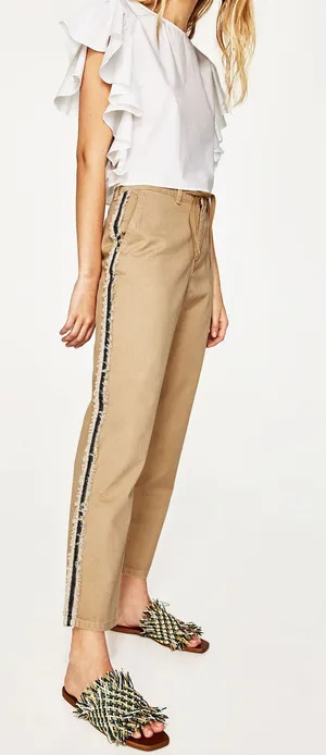 Zara Basic Z1975 Denim Khaki Drawstring Jogger Pants Frayed Blue Side Hem Sz 2 thumbnail 1
