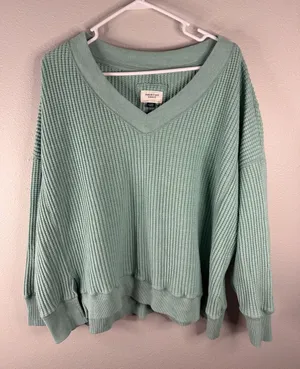 American Eagle Big Hug Oversized Waffle Knit V-Neck – Size Large – Mint Green thumbnail 1