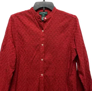 Lauren Ralph Lauren Red Eyelet Button Up Shirt Women Medium Roll Up Sleeve LRL thumbnail 2
