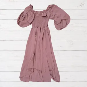 Joyfolie Boho Odette Dress Mauve High Low Maxi Smocked Ruffle Off Shoulder L thumbnail 2