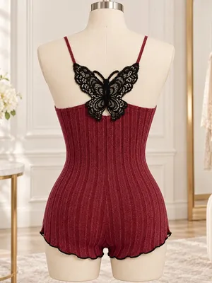 Crimson Ribbed Lace Butterfly Back Lounge Romper Sleepwear NWT Size Small thumbnail 2