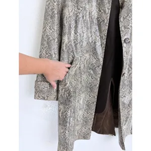 Gallery Trench Coat Gray Faux Snakeskin Print Button Front Burgundy Belted M thumbnail 6