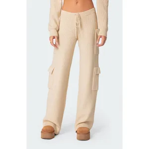 Edikted Wynter Knit Cargo Pants Size Medium Cream Ribbed Wide Leg Loungewear thumbnail 9