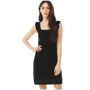 Crochet Mini Dress Size S Black Ruffle Strap Open Knit Lined Party Dark Coquette thumbnail 10