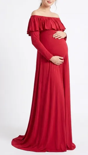 Red Off the Shoulder Maxi Dress Long Sleeve Ruffle Maternity Photoshoot XL thumbnail 1