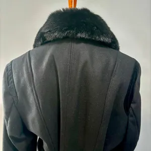 Faux Fur Collar Black Trench Coat Coquette Dark Academia Old Money Wool Blend XL thumbnail 8