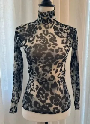 Reformation Leopard Black White Long Sleeve Mesh Top XS thumbnail 1